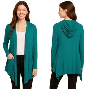 Laila Jayde Hooded Cardigan Small Teal Green Open Front Long Sleeve Knit Sweater